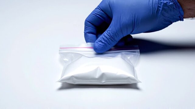 Animated Hand in Blue Glove Sealing Ziplock Bag with White Powder Laboratory Safety Concept
