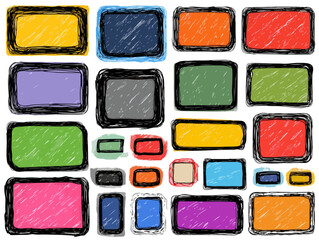 クレヨンや手描き風のカラフルな枠とフレームのセット、様々な形とサイズでデザイン素材として活用できる抽象的な背景イラスト。