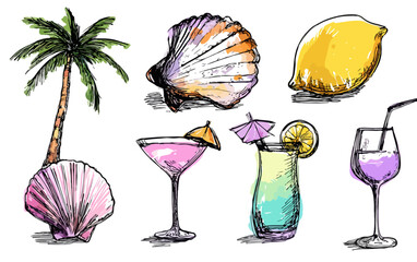 夏のバケーションを彩るヤシの木、貝殻、レモン、そしてカラフルなカクテルを水彩で手描きした、透明感あふれるトロピカルイラストセット。
