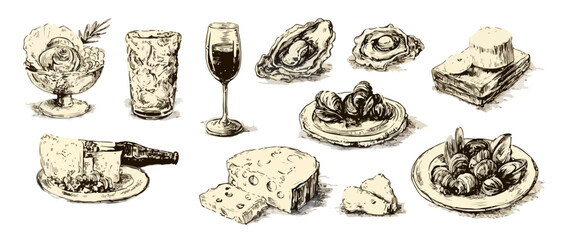 手描きスケッチ風の様々な食べ物と飲み物のイラストコレクション。ワイン、チーズ、カクテル、デザートなど、メニューやデザインに活用できる透明背景のベクター素材セット。