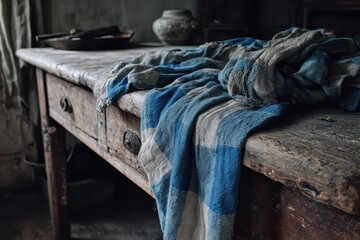 Rustic Wooden Table with Draped Blue and Gray Cloth Glitter Accents and Neutral Tone Background Featuring a Ceramic Vase and Metal Bowl