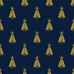 Seamless repeating pattern featuring Our Lady Aparecida illustration in navy blue and gold tones. Elegant Catholic devotional background ideal for religious textiles, fabric prints, wallpaper, packagi