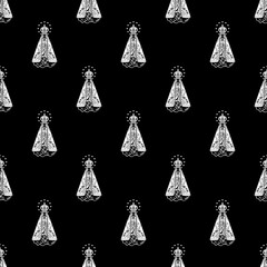 Seamless pattern of Our Lady Aparecida illustration, Catholic religious background in black and white.