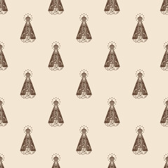 Seamless repeating pattern of Our Lady Aparecida in warm beige and brown tones. Traditional Catholic devotional background perfect for textiles, wallpaper, stationery, packaging, religious gifts and c