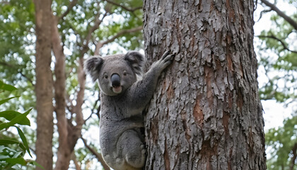 Obraz premium Wild Australian Koala Climbing Eucalyptus Tree Trunk In Forest