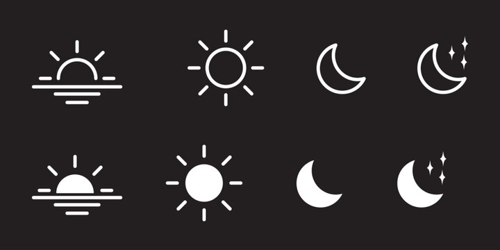 Time of the day icons showing morning sunrise, bright noon sun, evening sunset, and night moon with stars representing daily cycle, weather, astronomy, calendar, and environment concept 