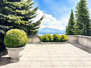 Obraz premium Rooftop terrace garden mountain view under blue sky, peaceful outdoor patio with potted shrub and evergreen tree landscape