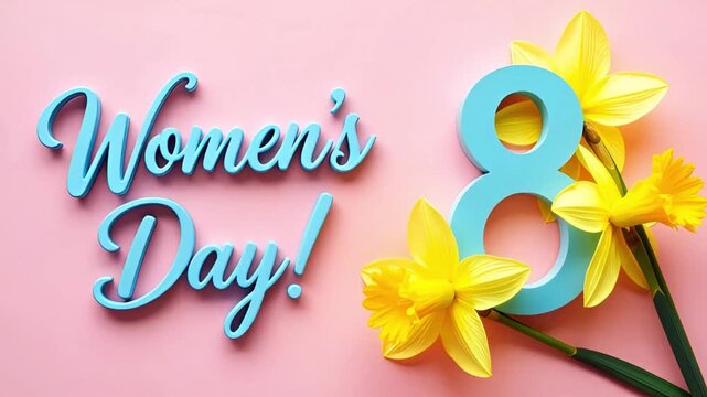 yellow daffodils on pink background with blue number eight and women day text