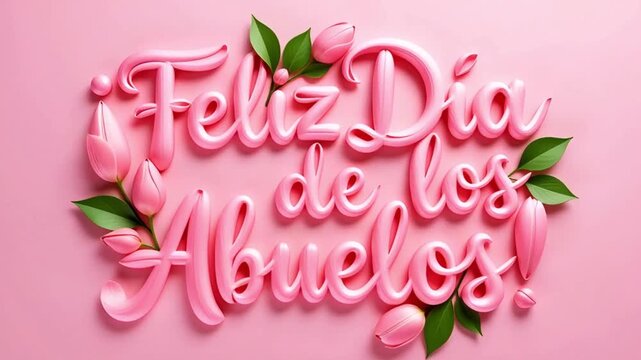 pink tulips on a pink background with 3d inscription feliz dia de los abuelos
