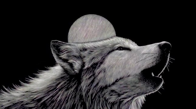 Detailed wolf illustration howling at striped moon against black