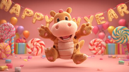 Obraz premium Adorable plush giraffe celebrating happy new year with candy and gifts on a festive pink background