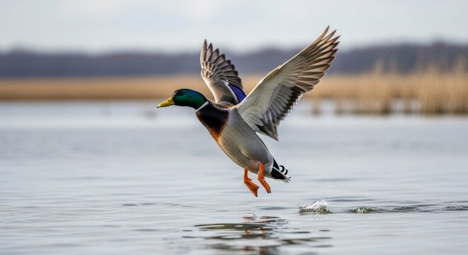 Mallard duck swimming on a calm pond, showing green head and brown body plumage. A common waterfowl species known for adaptability and seasonal migration.