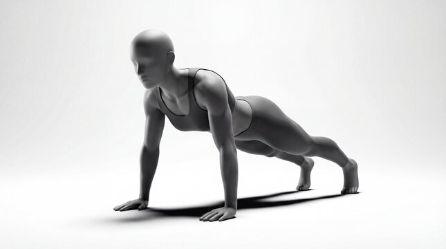 Grayscale 3d Render of an Athletic Female Figure in a Powerful Plank Pose