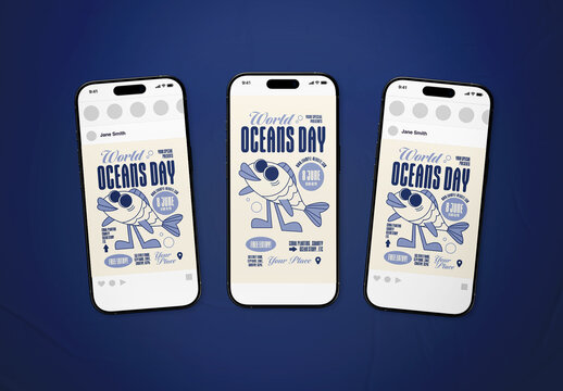 Blue Retro World Oceans Day Social Media