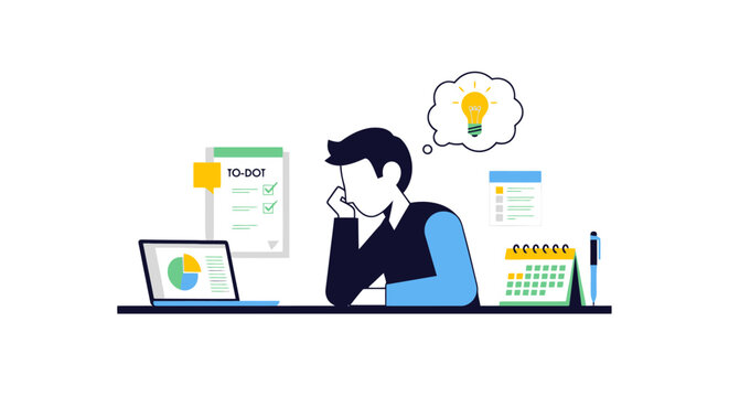 Frustrated person sitting at desk with laptop and calendar feeling overwhelmed by tasks needing creative idea generation