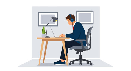 Man Working On Laptop Wearing Headphones In Office Setting With Desk Lamp And Artwork On Wall Focused Concentration