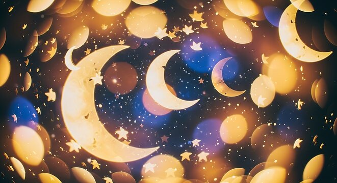 Dreamy celestial background with smiling moons and glowing stars.