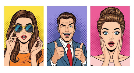 Three vibrant pop art portraits of diverse individuals expressing excitement and confidence. © Seraphine