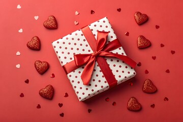 Obraz premium White gift box with red heart patterns and a satin ribbon on a vibrant red background