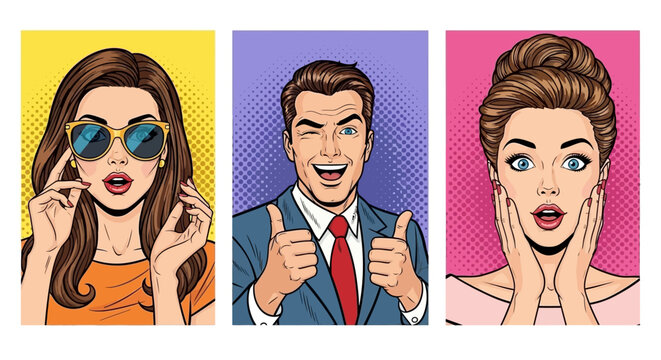 Three vibrant pop art portraits of diverse individuals expressing excitement and confidence.