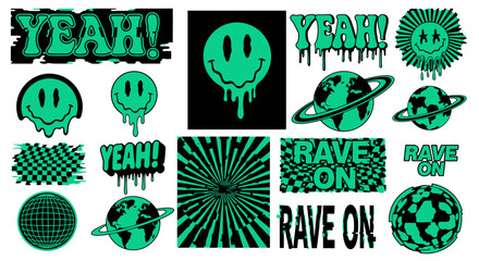 A vibrant collection of green and black graphic elements, featuring dripping smiley faces, "YEAH!" text, planets, and abstract patterns, evoking a retro rave or psychedelic aesthetic. © Seraphine