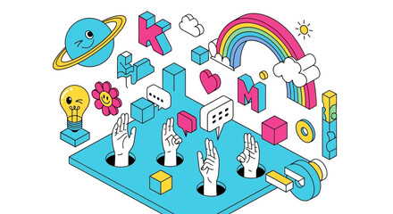 Whimsical isometric illustration featuring hands emerging from holes, surrounded by playful icons like a planet, lightbulb, and rainbow. © Seraphine