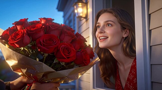 Mujer joven con expresión de asombro mientras afuera un joven la espera con un enorme ramo de rosas rojas 