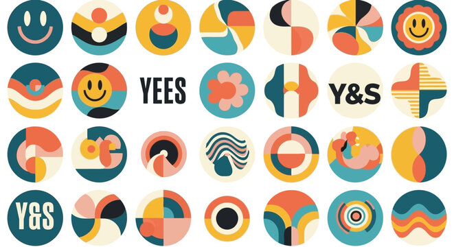 A collection of 30 circular icons featuring abstract geometric shapes, smiley faces, and wavy lines in a retro color palette.