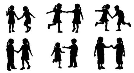 Fototapeta premium Silhouettes of children holding hands and playing together in various poses, representing friendship and childhood activities.