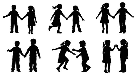 Fototapeta premium Silhouettes of children holding hands and playing together in various poses, depicting friendship and childhood activities.