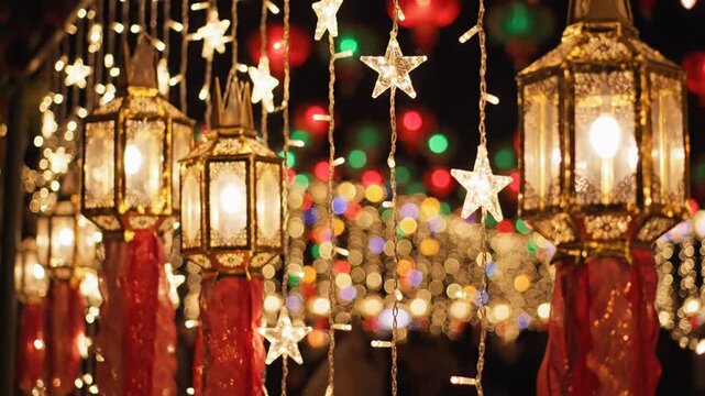 Beautifully lit lanterns and star-shaped lights create a festive and enchanting atmosphere, perfect for celebrations and special occasions.