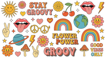 A collection of colorful retro 60s and 70s groovy stickers featuring peace signs, rainbows, smiling flowers, suns, and positive text. © Karina