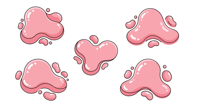 Five pink glossy cartoon blobs with outlines and small droplets on a white background.