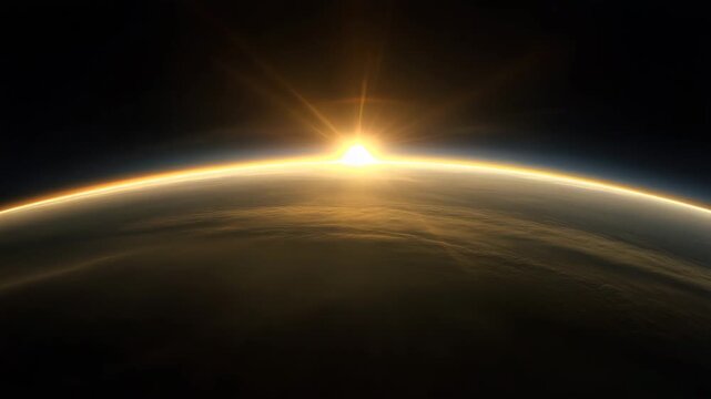 sunrise seen from space on planet Venus, curved Venus horizon glowing with soft golden atmospheric rim, bright sun emerging behind planet edge casting long radial light rays, thick 4K