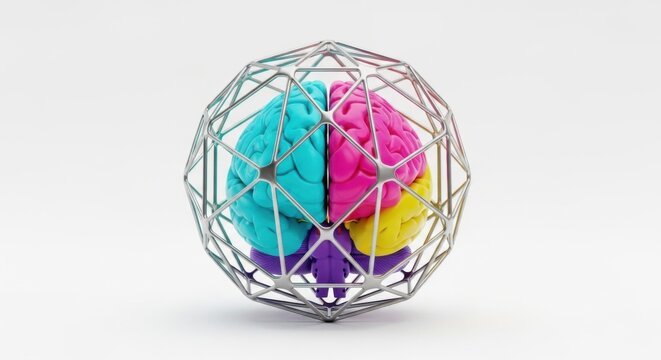 Vibrant brains trapped in metal cage symbolizing creativity and innovation