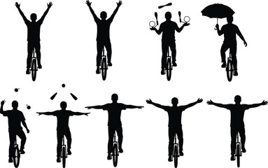Vector silhouettes of circus performers and people riding unicycles while juggling balls and holding umbrellas on white background. © Fuad Creatives 