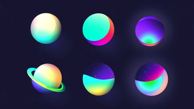vector planet sphere pack with smooth circular shapes, soft neon outlines and flat gradient fills, no texture, no lighting, no shadows, clean geometric design, multiple 4K