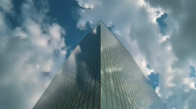 Glass skyscraper reflecting clouds against a bright blue sky