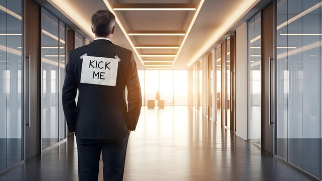 Rear view of a professional businessman in a dark suit walking through a bright modern office corridor with a kick me paper sign prank on his back
