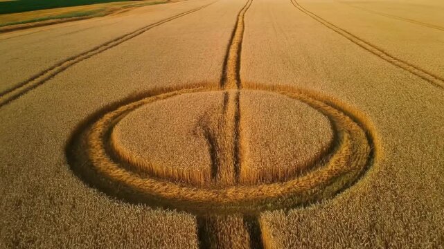 Golden wheat field with circular crop circle formation