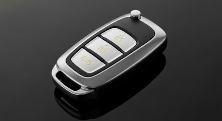 Modern car key fob with remote control buttons on sleek black background