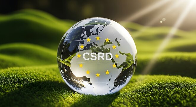 A globe with European Union stars and text CSRD sits on grass, sun shining
