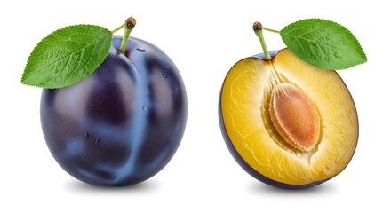 Plums with Leaves on White Background.