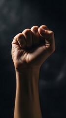 A clenched fist raised in defiance against a dark background.