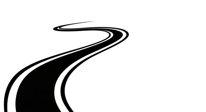 Curving black road with white lines on a white background.