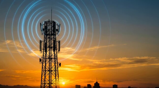 A cell tower stands tall against a vibrant orange and blue sunset with signal waves radiating from it in a video capturing the essence of modern telecommunications