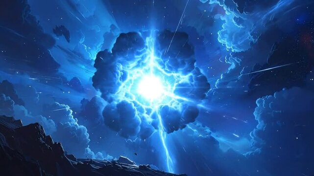 Dramatic cosmic scene featuring a bright explosion amidst clouds and y terrain.
