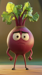 Beetroot cartoon character sad mascot, digital render with worried face on soft background