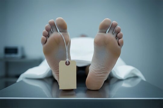 bare feet of a deceased person on a stainless steel morgue table with a blank toe tag and white sheet, symbolizing death, mortality, and forensic investigation.