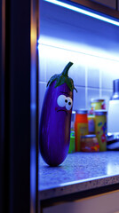Eggplant cartoon mascot refrigerator kitchen counter, lonely face under blue light